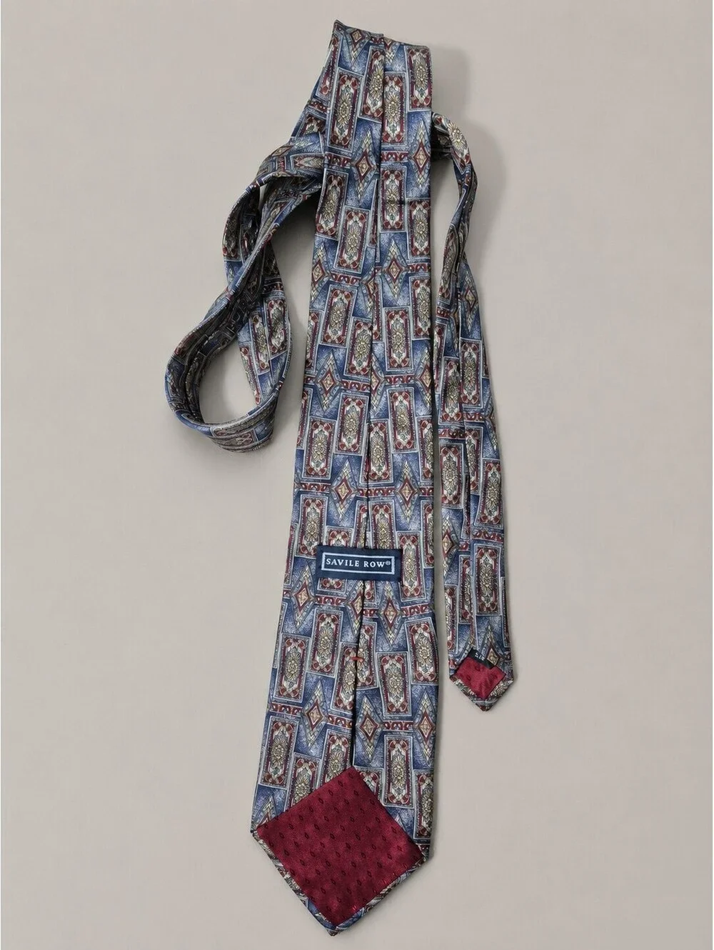 Savile Row 100% Silk Geometric Necktie Blue Burgundy Gold Wide 4 Inch Vintage